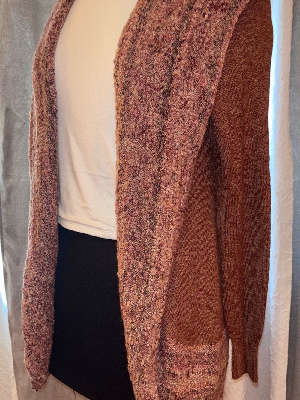 Open-Front Textured Knit Cardigan in Mauve Brown